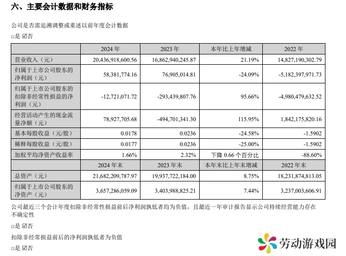 欧菲光 2024 年营收 204.37 亿元同比增长 21.19%，净利润同比下降 24.09%